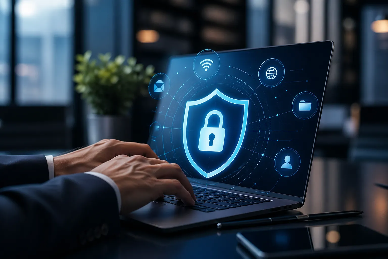 Moderne werkplek met focus op digitale beveiliging en veilig zakelijk werken.