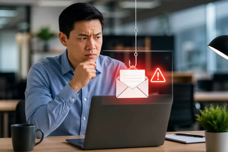 Een realistische kantoorscène waarin een verdachte e-mail en online fraude binnen een bedrijf visueel worden uitgebeeld.