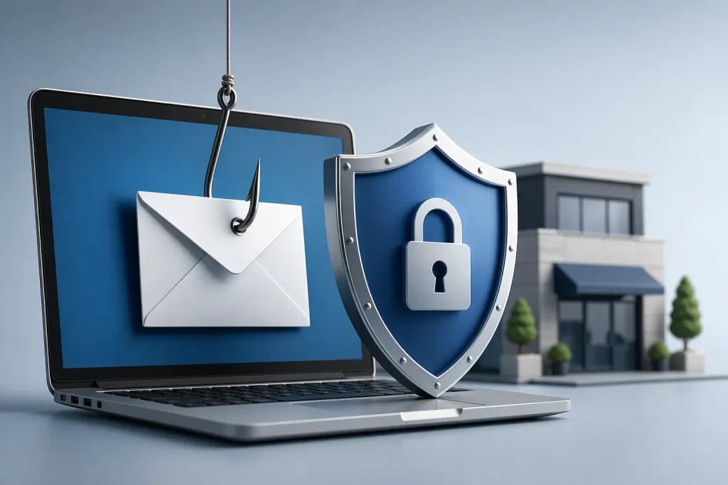 Een moderne visualisatie van digitale beveiliging: een laptop, een phishinghaak en een schild als symbool voor bescherming van mkb-bedrijven tegen online fraude.