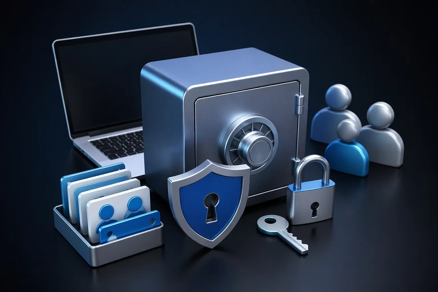 Veilige en moderne illustratie van wachtwoordbeheer voor bedrijven, strak, professioneel en zonder tekst.