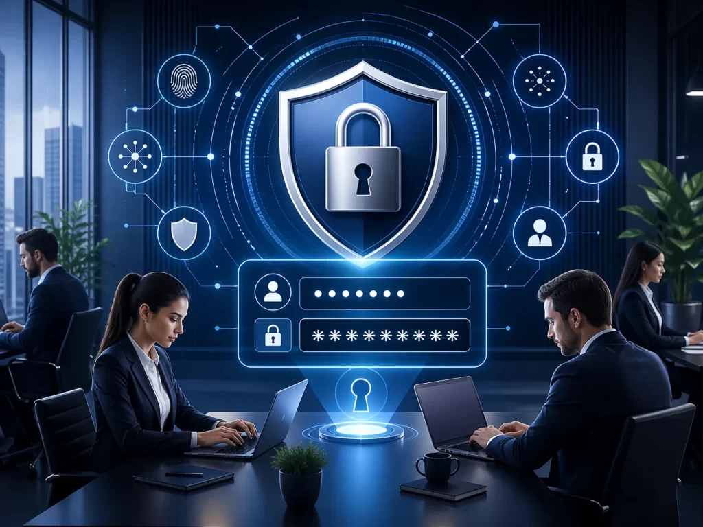 Moderne cybersecurity-illustratie met een digitaal slot, schild en zakelijke gebruikers in een veilige kantooromgeving.
