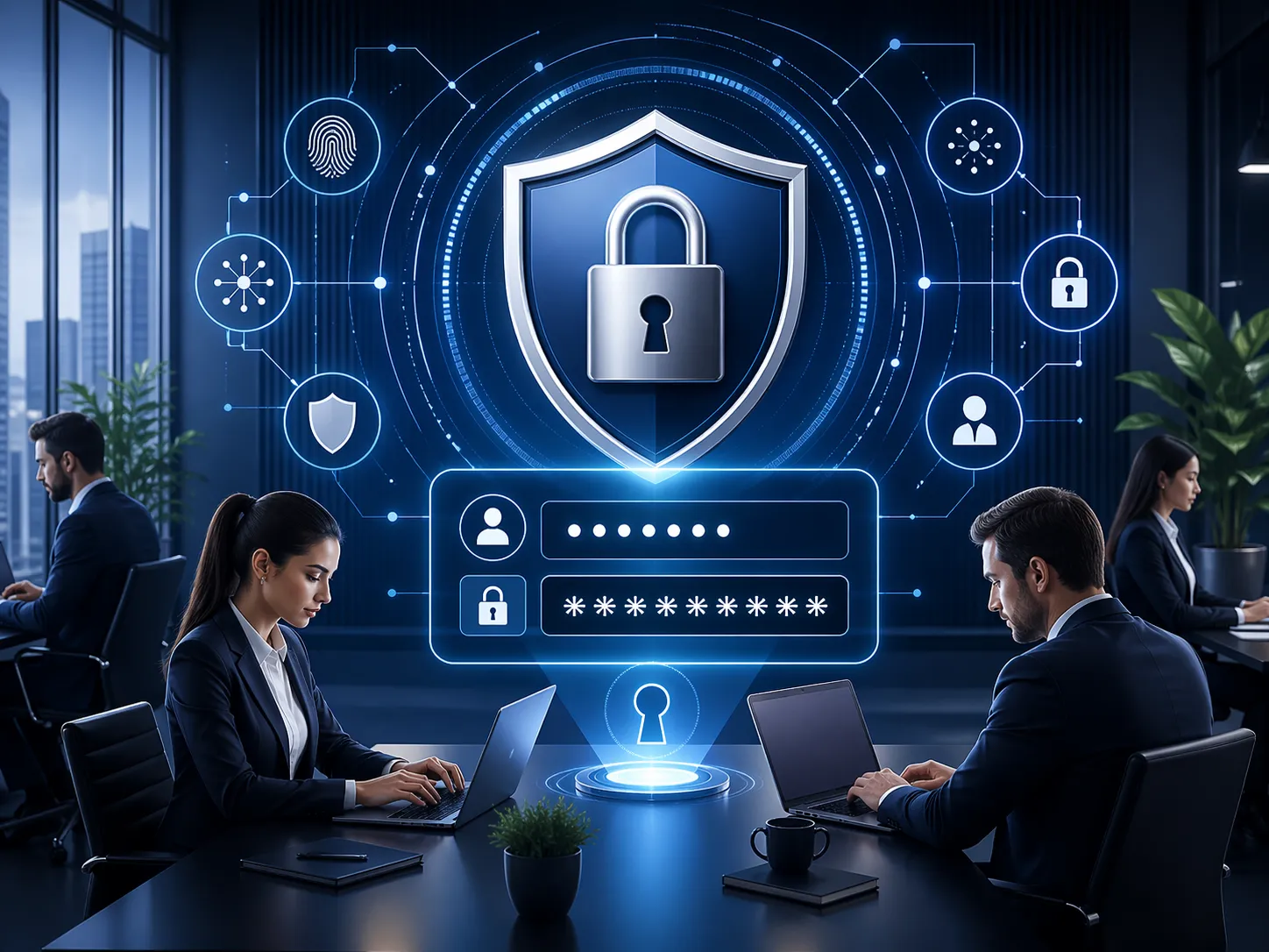 Moderne cybersecurity-illustratie met een digitaal slot, schild en zakelijke gebruikers in een veilige kantooromgeving.