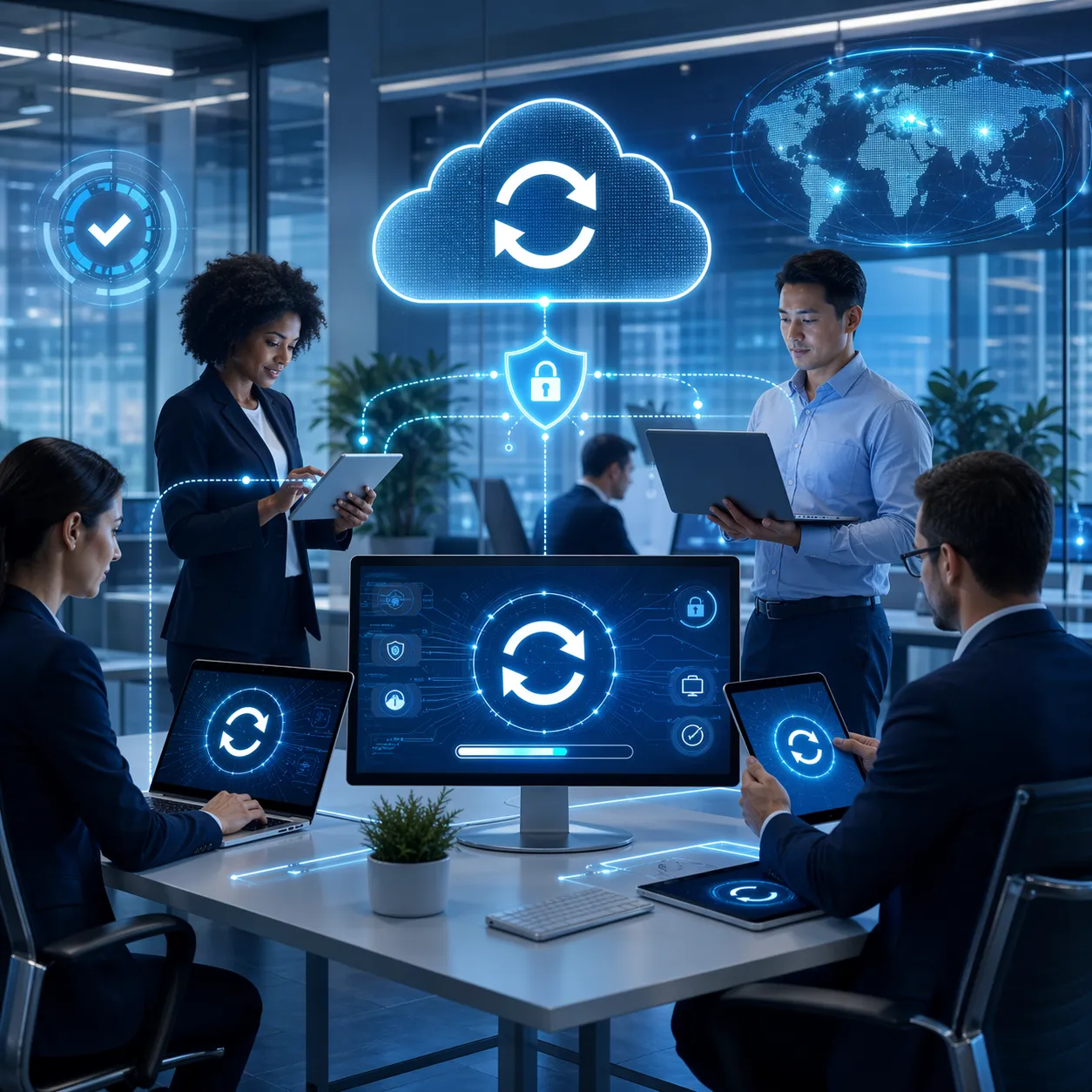 Moderne zakelijke omgeving met veilige cloud-updates, verbonden apparaten en digitale samenwerking.