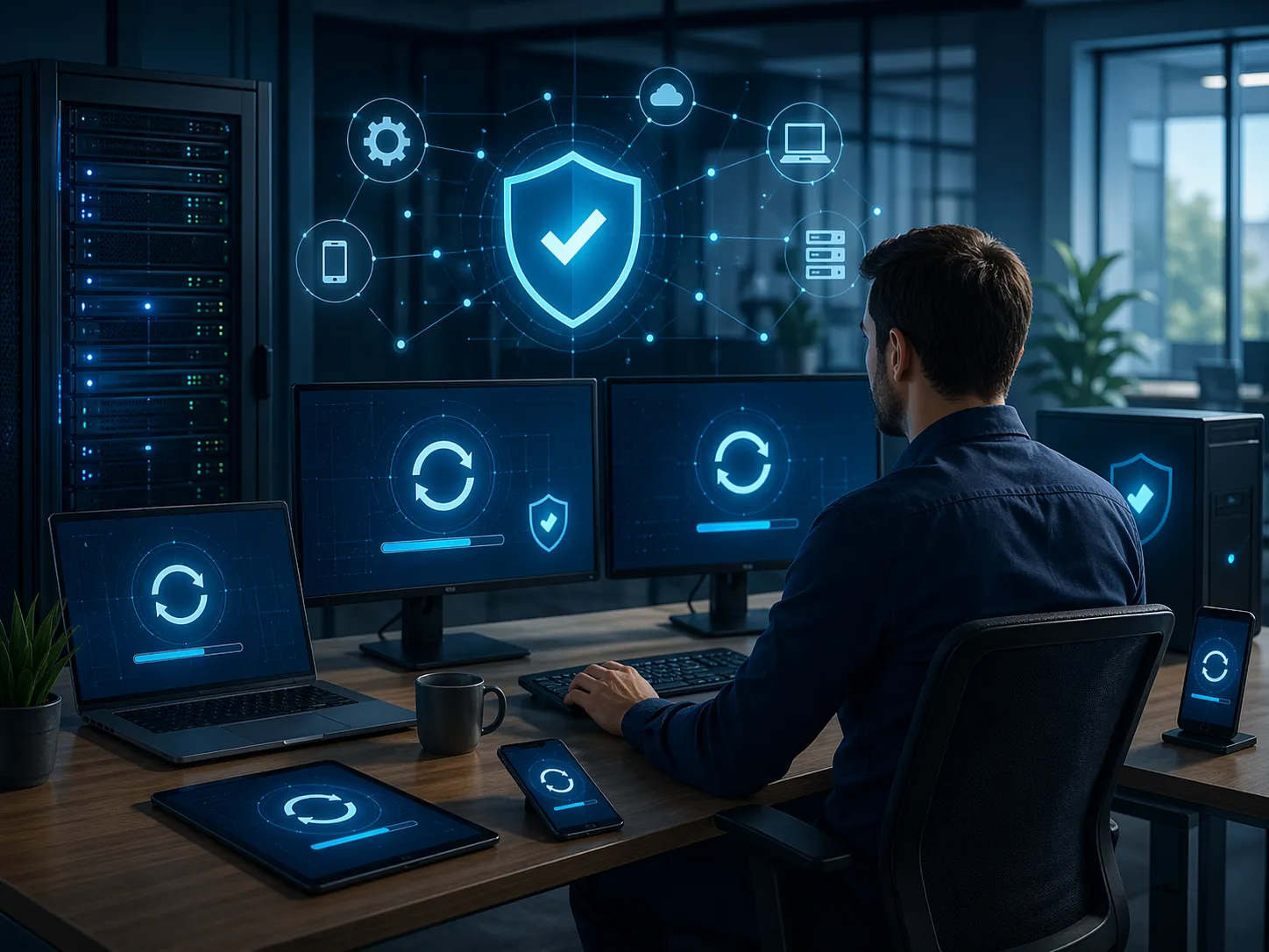 IT-beheerder controleert beveiligingsupdates en systeempatches voor meerdere bedrijfsapparaten.