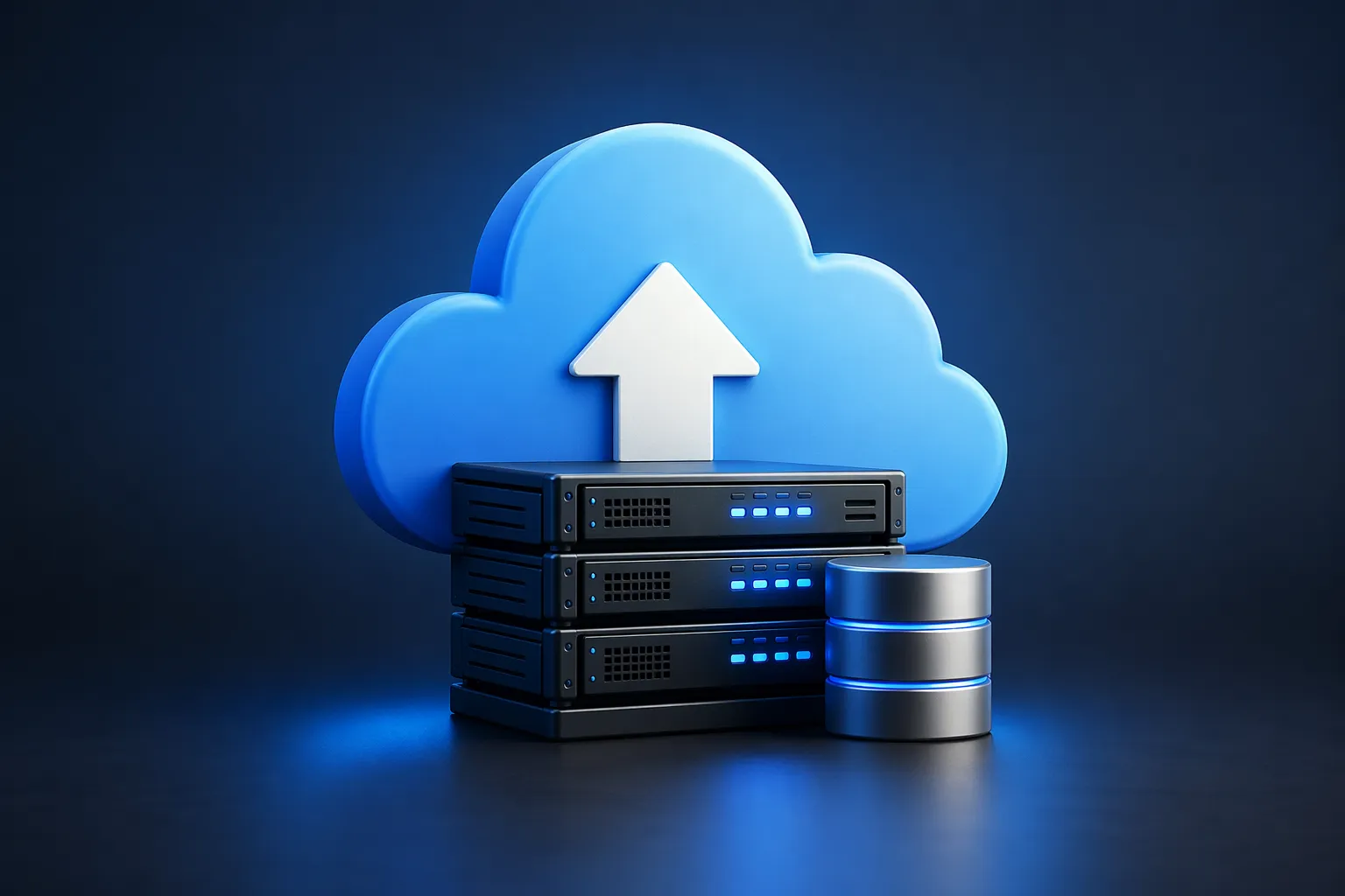 Moderne 3D-visualisatie van veilige back-upopslag voor bedrijven met cloud, servers en databescherming.
