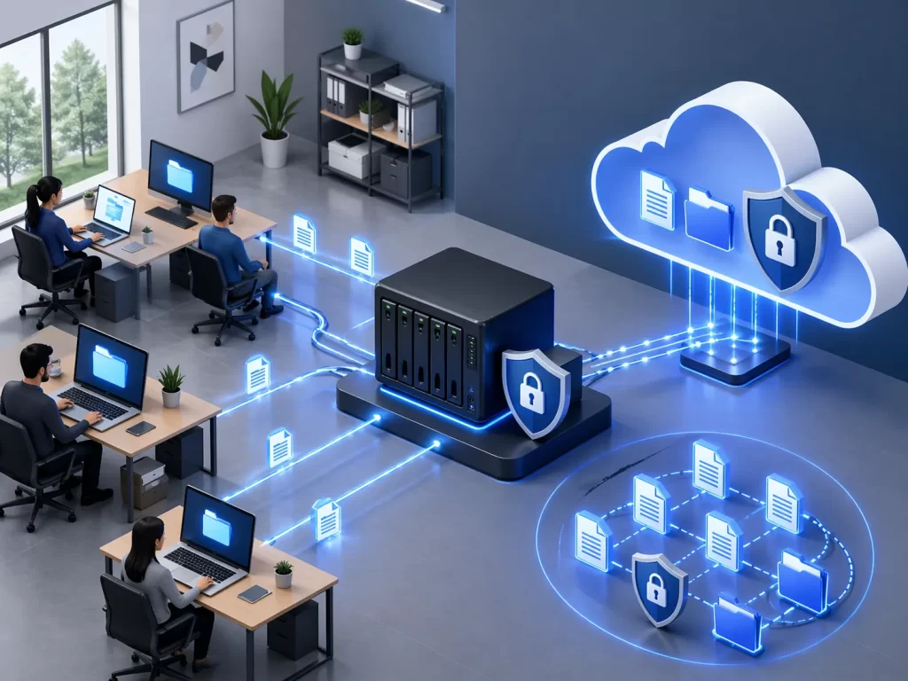 Een veilige back-upoplossing voor kleine en middelgrote bedrijven, met lokale opslag, cloudback-up en beschermde gegevensstromen.