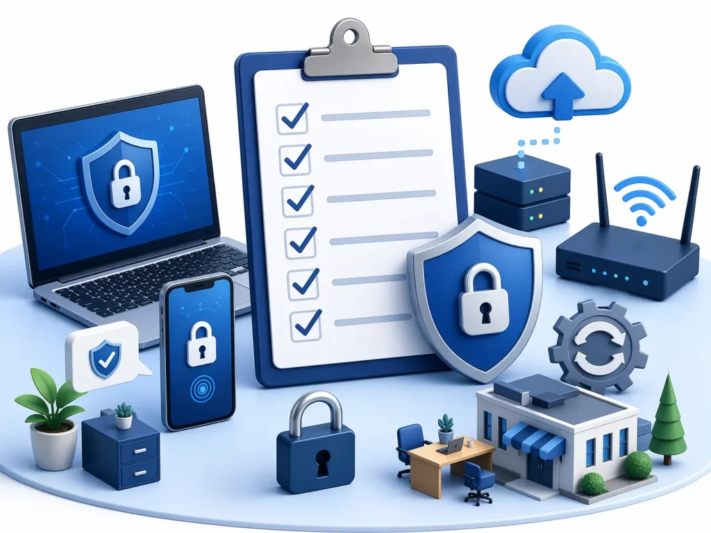 Een moderne illustratie van digitale beveiliging voor kleine bedrijven, met checklist, sloten, cloud-back-up en veilige apparaten.