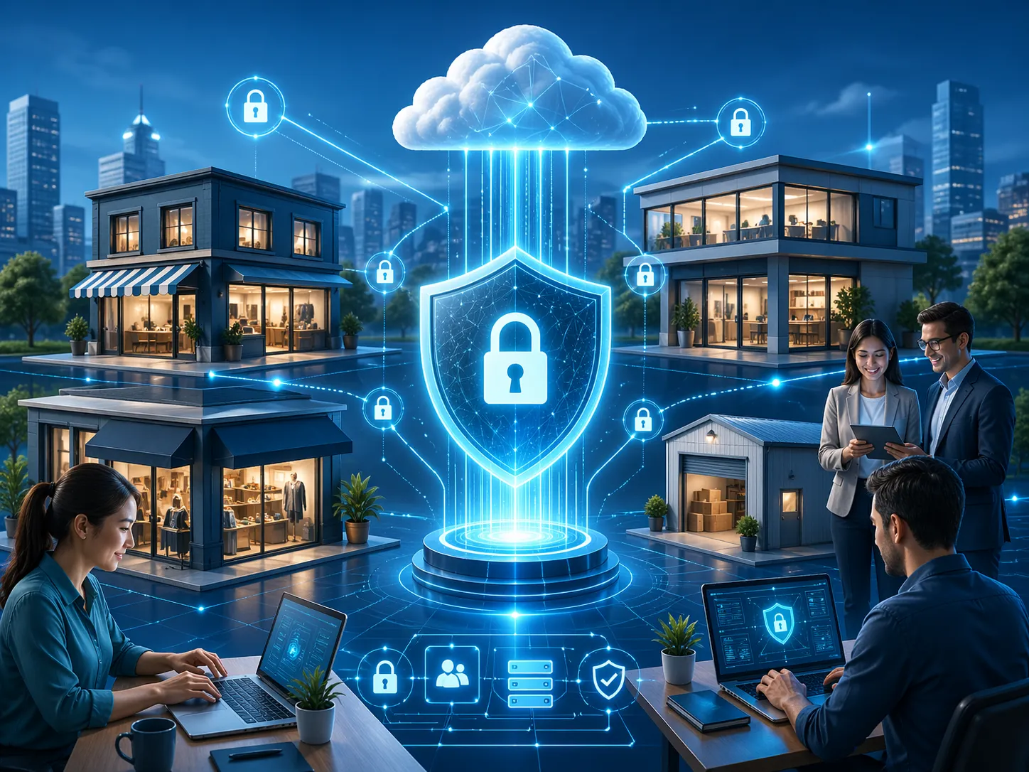 Een veilige, verbonden digitale omgeving waarin kleine en middelgrote bedrijven beschermd samenwerken met cloudtechnologie en cybersecurity.