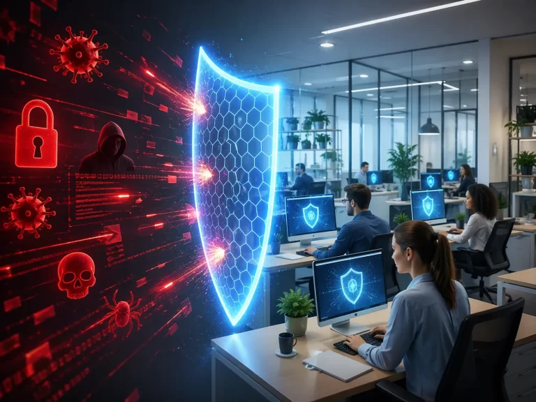 Een modern kantoor beschermd door een digitaal schild tegen cyberaanvallen en ransomware.
