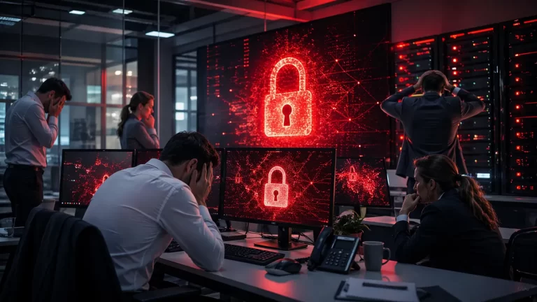 Een bedrijf wordt plots getroffen door een ransomware-aanval, terwijl medewerkers gespannen reageren op de digitale crisis.