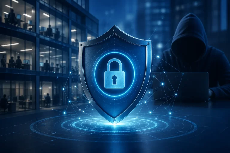 Een visuele weergave van digitale beveiliging voor bedrijven, met focus op bescherming tegen ongeautoriseerde toegang.