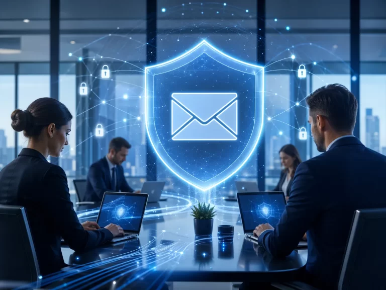 Een moderne zakelijke visualisatie van veilige e-mailcommunicatie, met een digitaal schild dat bedrijfsgegevens beschermt.