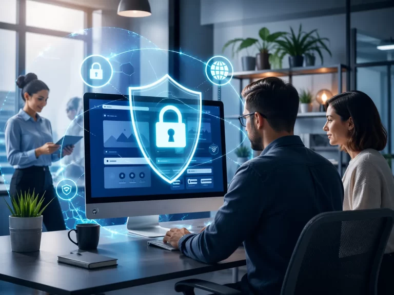 Moderne werkplek met digitale beveiliging, ideaal voor mkb-bedrijven die hun website beter willen beschermen.