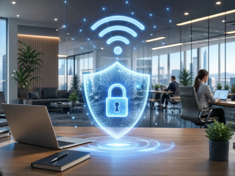 Een modern kantoor met beveiligde draadloze verbinding, afgebeeld met een schild, slot en wifi-symbool.