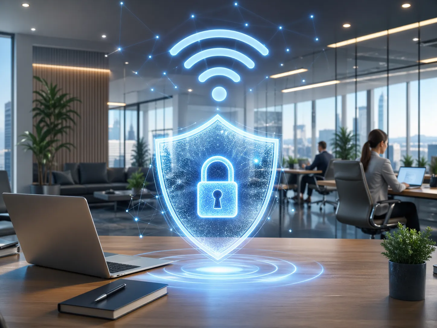 Een modern kantoor met beveiligde draadloze verbinding, afgebeeld met een schild, slot en wifi-symbool.