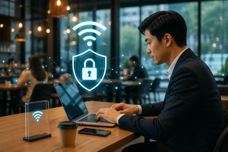 Zakelijke professional gebruikt openbare wifi met extra aandacht voor digitale beveiliging.