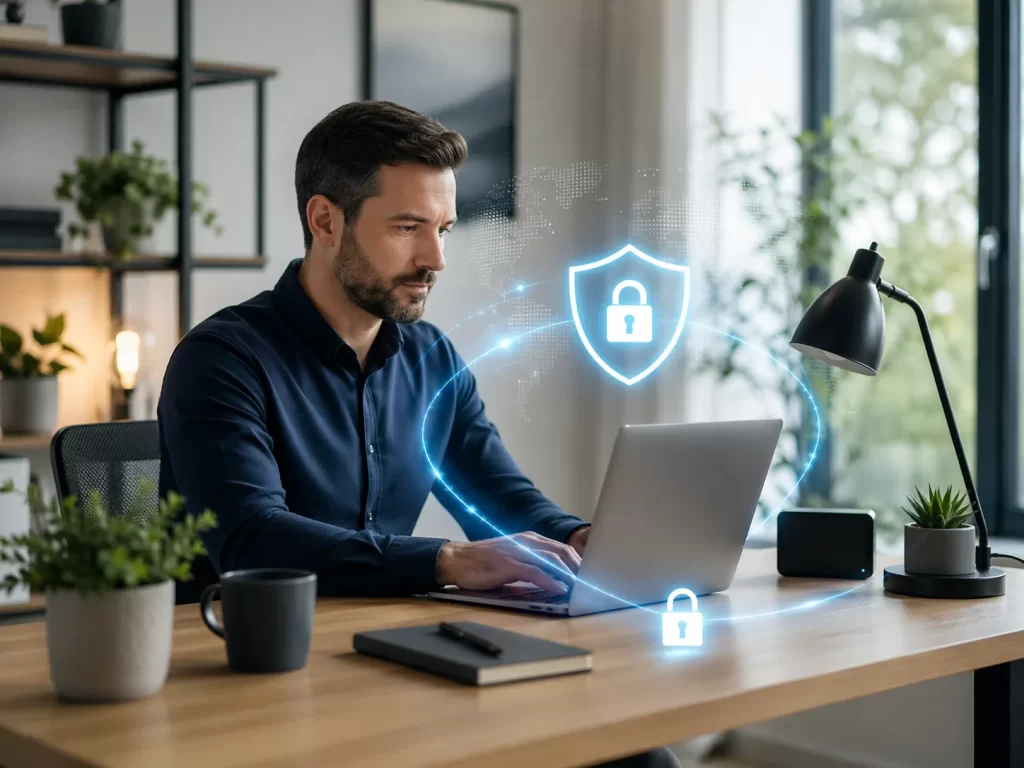 Een moderne thuiswerkplek met digitale beveiliging, ideaal voor bedrijven die veilig en professioneel op afstand werken.
