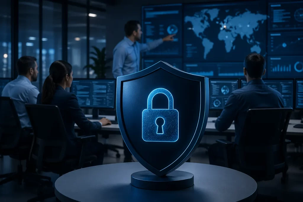 Een professionele visualisatie van snelle digitale coördinatie, beveiliging en herstel bij een cyberincident.