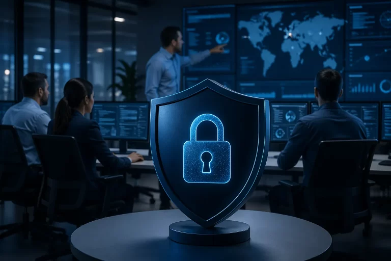 Een professionele visualisatie van snelle digitale coördinatie, beveiliging en herstel bij een cyberincident.