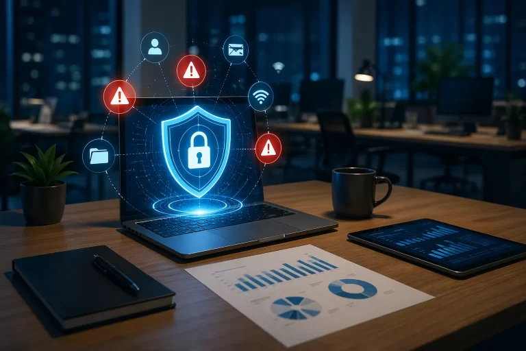 Een zakelijke visualisatie van digitale beveiligingsrisico’s voor kleine en middelgrote bedrijven.