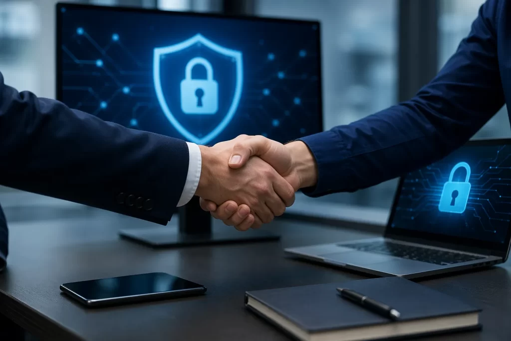 Een professionele samenwerking tussen een bedrijf en IT-dienstverlener rond digitale beveiliging en duidelijke afspraken.