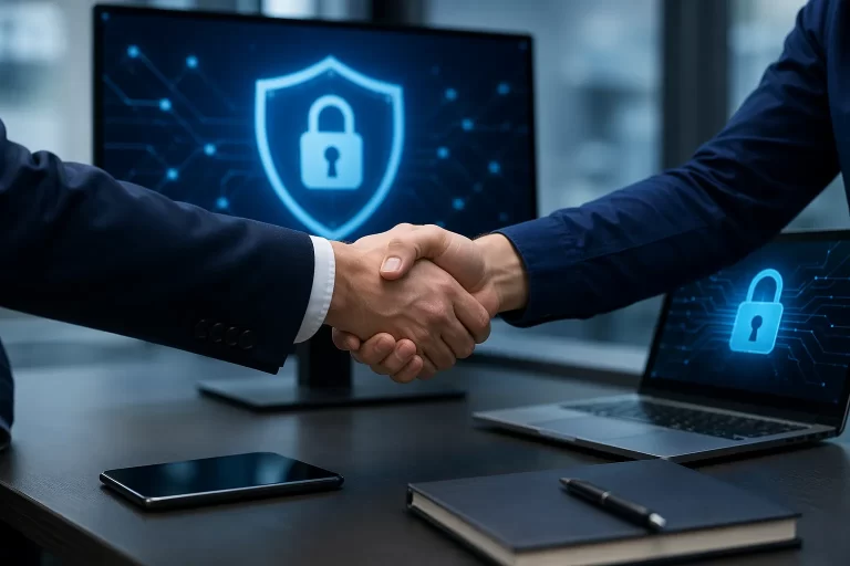 Een professionele samenwerking tussen een bedrijf en IT-dienstverlener rond digitale beveiliging en duidelijke afspraken.
