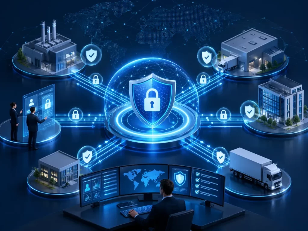 Een moderne visualisatie van veilige digitale samenwerking tussen bedrijven, leveranciers en logistieke partners.