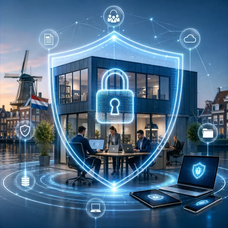 Een modern Nederlands bedrijf beschermd door digitale beveiliging, met een schild, slot en verbonden apparaten als symbool voor veilige bedrijfsdata.